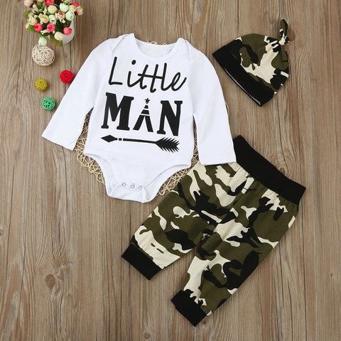 Infant Baby Little Man T-shirt Romper & Camouflage Pants Outfits